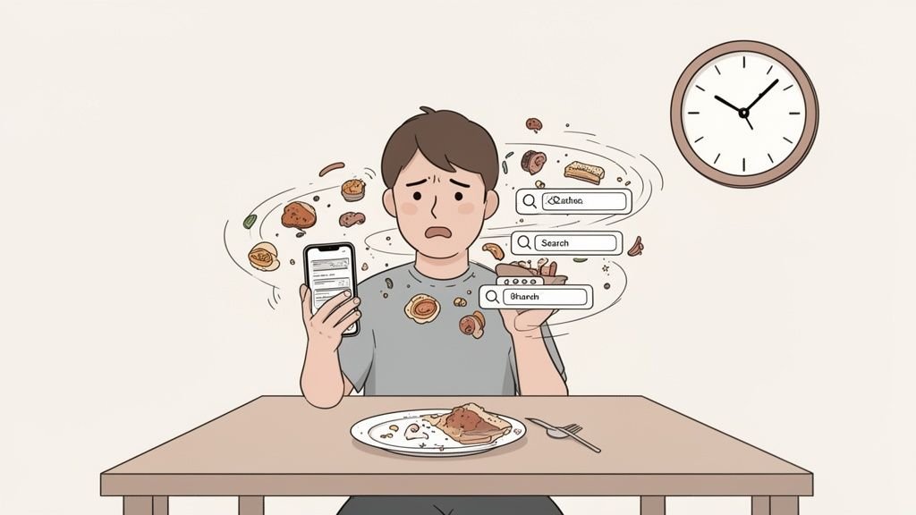 A person looking overwhelmed, distracted by a phone and search bars while eating a meal.