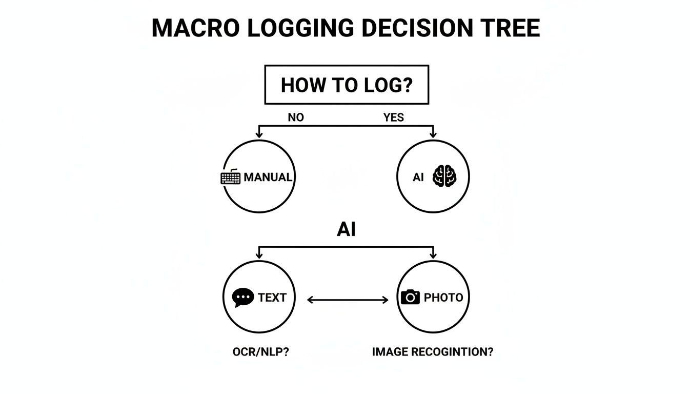 A macro logging decision tree illustrating manual, AI text (OCR/NLP), and AI photo (image recognition) methods.