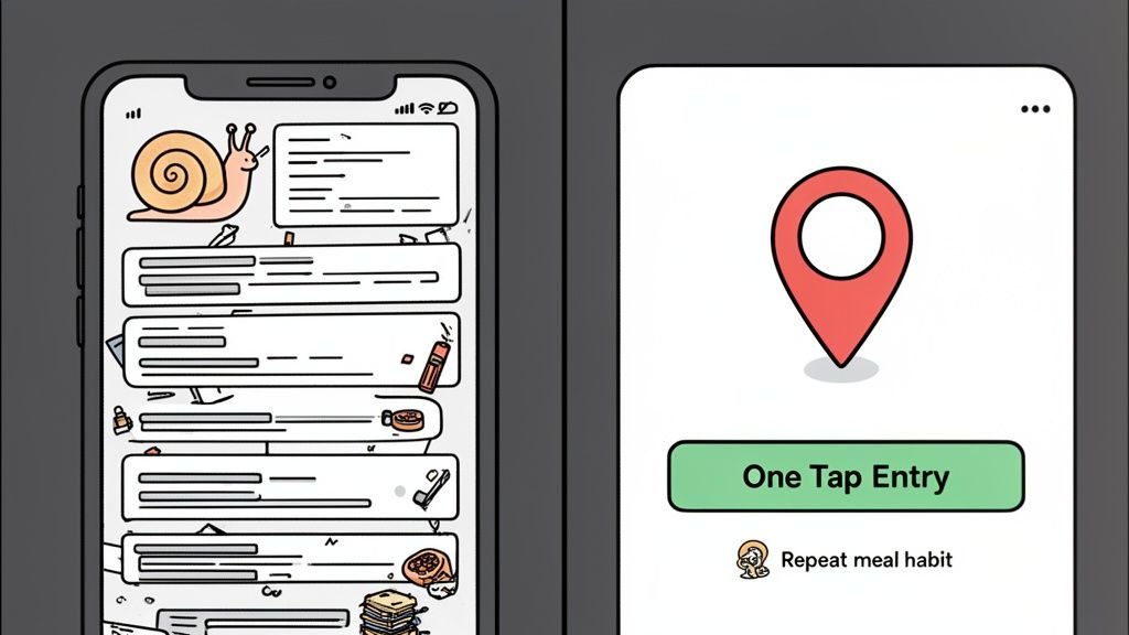 Two smartphone screens displaying a food tracking app, featuring a list of entries and a 'One Tap Entry' screen.