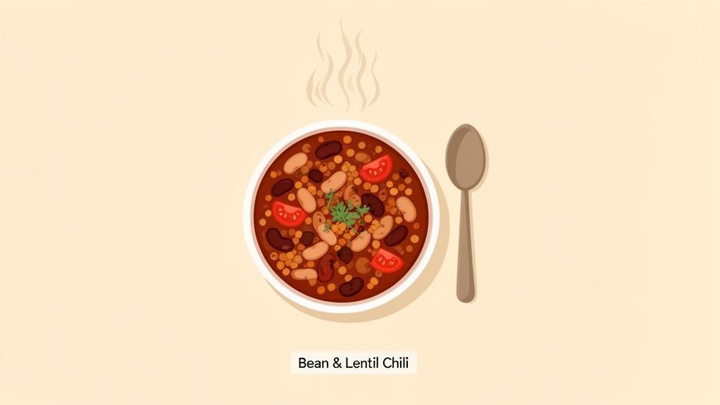 Overhead view of a steaming bowl of bean and lentil chili, garnished with parsley and tomato, next to a spoon.