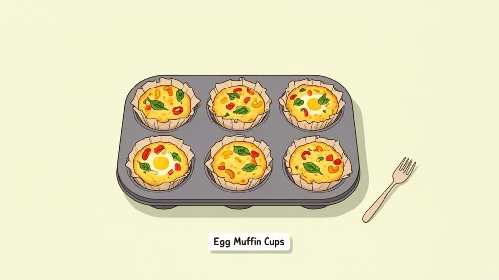 Six vibrant egg muffin cups with vegetables and some with yolks, in a muffin tin, next to a fork.