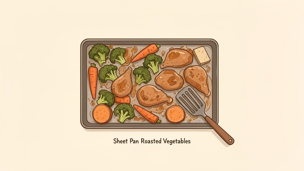 An overhead view of a sheet pan filled with roasted chicken, broccoli, carrots, and sweet potatoes, next to a spatula.