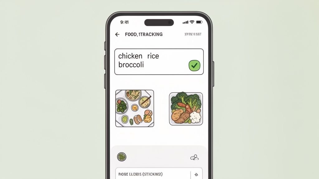 A smartphone displays a food tracking app with "chicken rice broccoli" entered and food images.