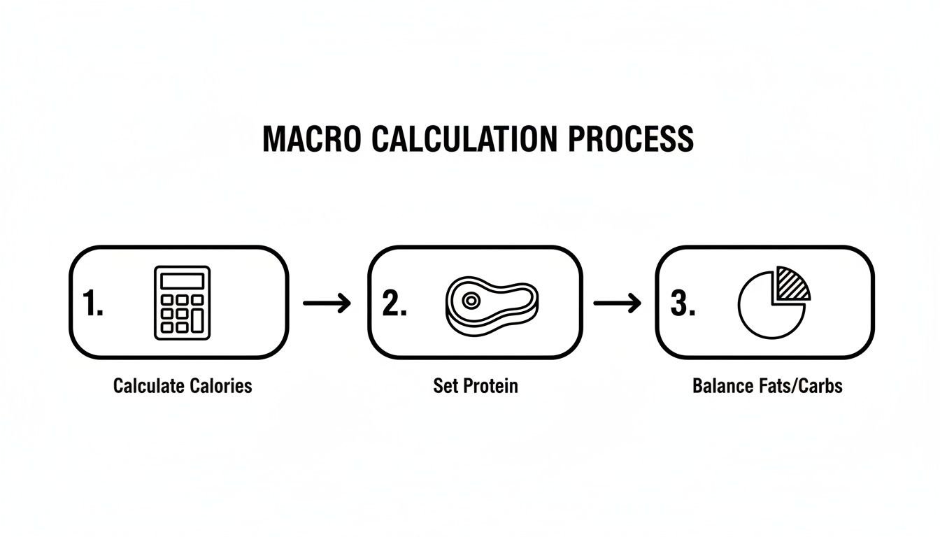 A three-step process for macro calculation: calculate calories, set protein, and balance fats/carbs.