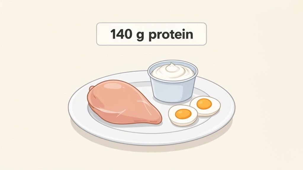 A plate featuring raw chicken breast, a cup of creamy sauce, and two hard-boiled egg halves, indicating 140g protein.