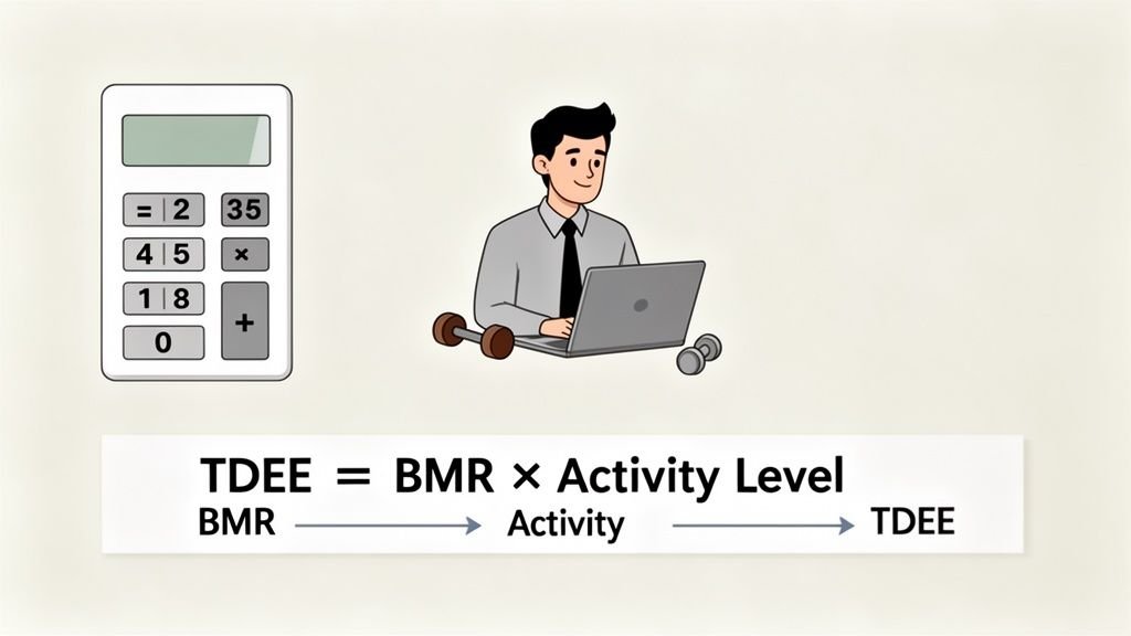 Visual explanation of TDEE = BMR x Activity Level, featuring a calculator and an active individual.