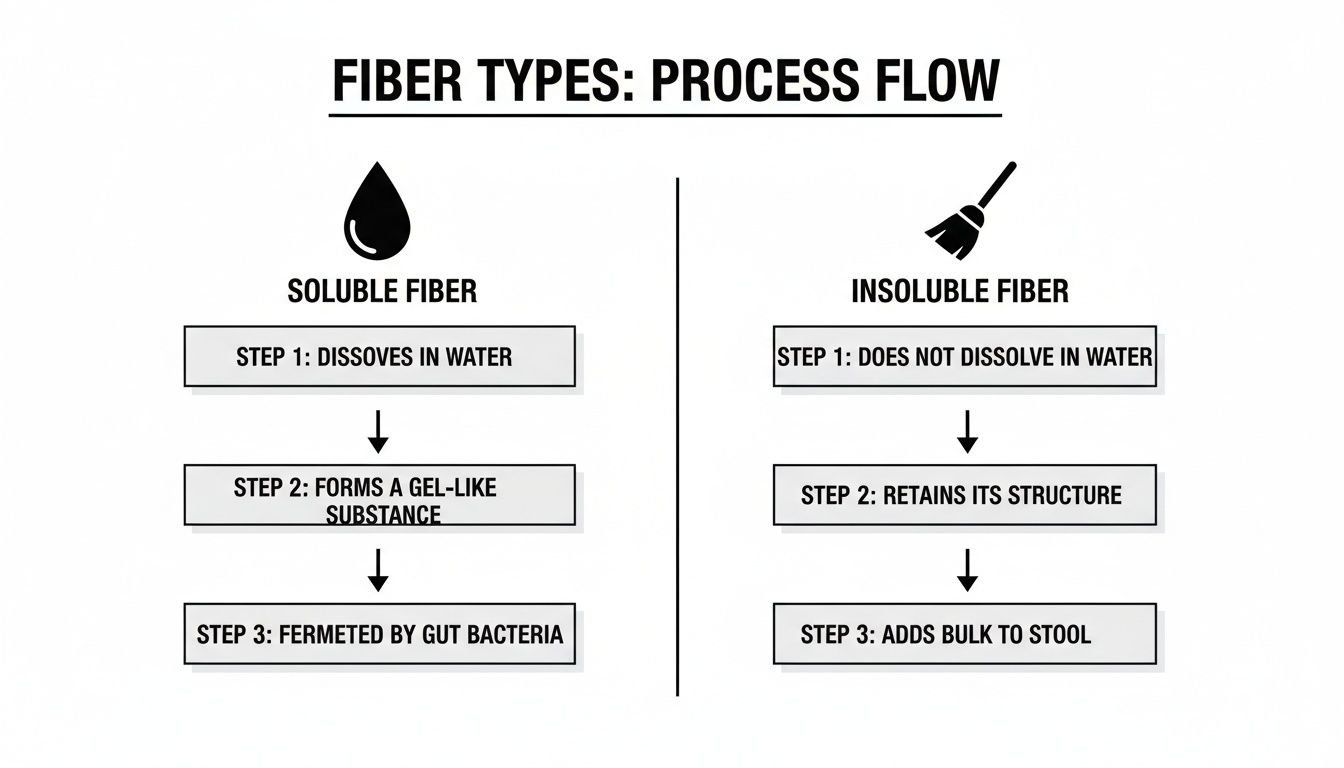 Flowchart explaining the distinct processes of soluble and insoluble fiber in the body.