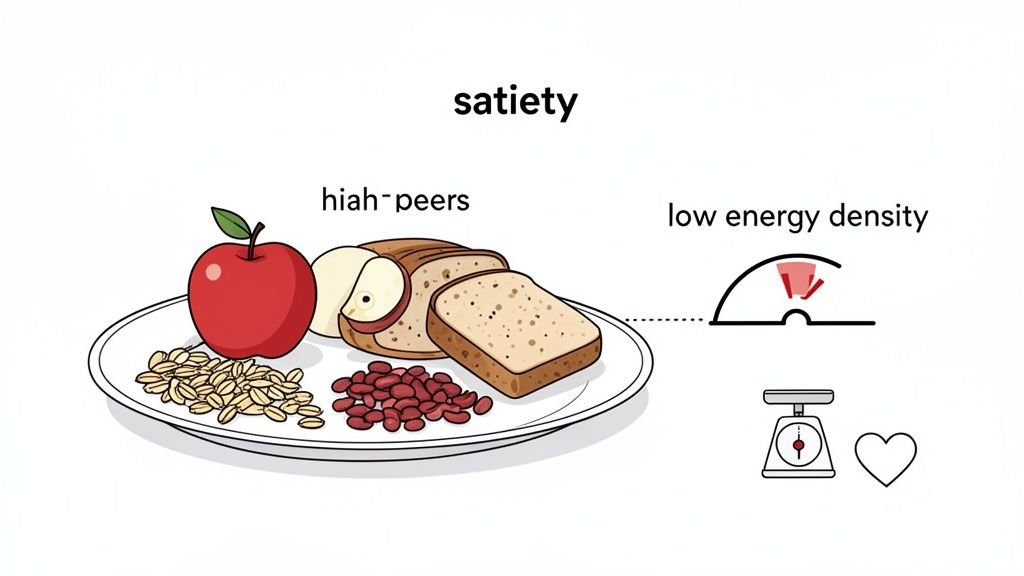 A plate of high-fiber foods (apple, oats, beans, bread) promoting satiety and low energy density.