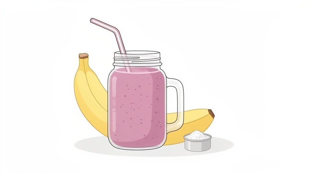 A pink smoothie in a glass mason jar with a straw, alongside bananas and white powder.