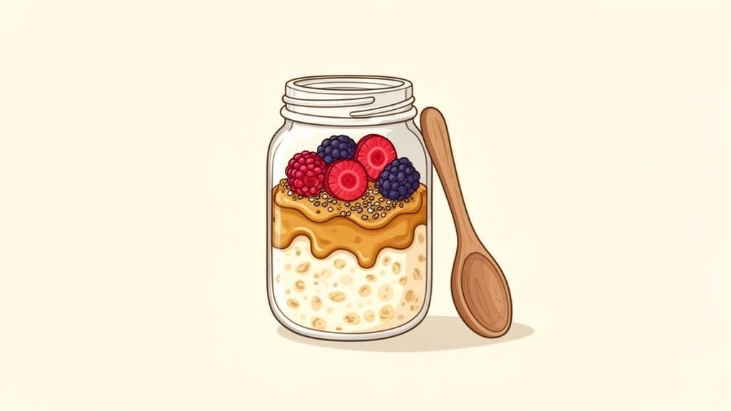 A jar of overnight oats topped with peanut butter, mixed berries, and a wooden spoon.