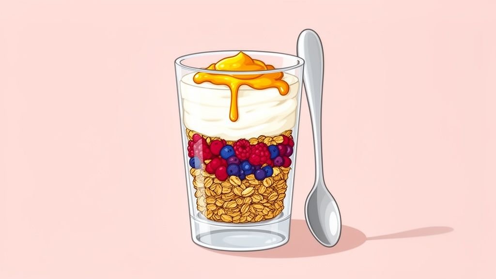 A colorful parfait in a glass with layers of granola, mixed berries, yogurt, and honey, next to a spoon.