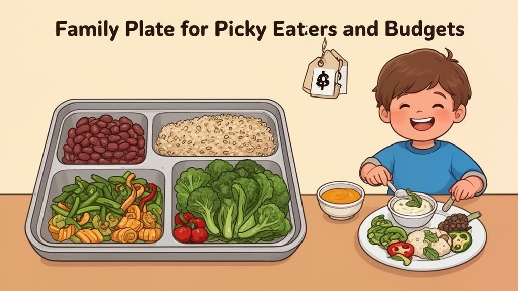 A cheerful child enjoys a healthy, diverse family meal from a budget-friendly plate, featuring various compartments of food.