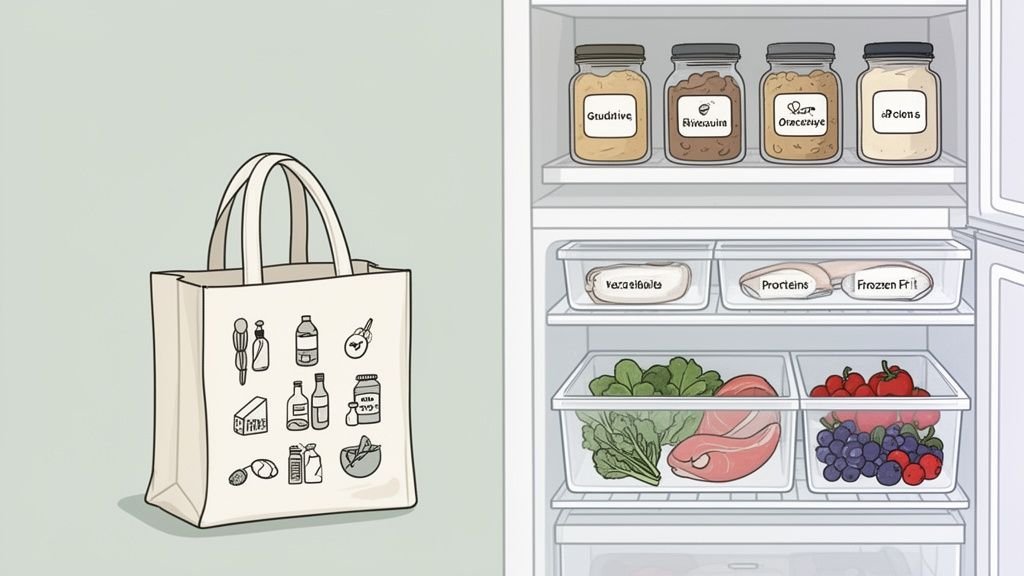 An illustration showing an organized refrigerator filled with groceries and a reusable shopping bag.