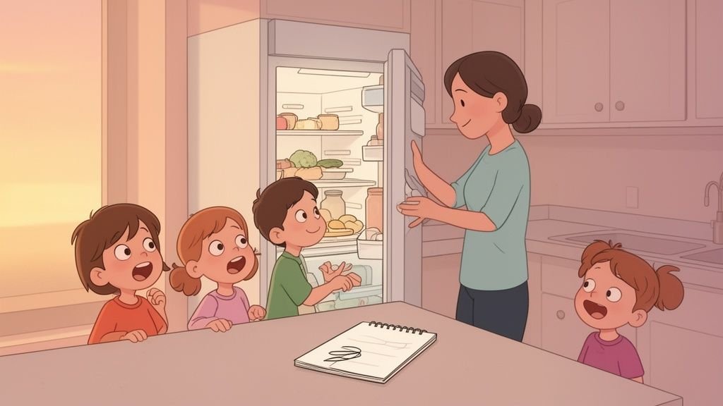 A mother opens the refrigerator as four eager children look on, possibly planning a meal.