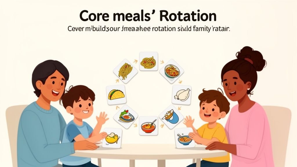 Illustration of a happy family with two children looking at a core meal rotation chart.