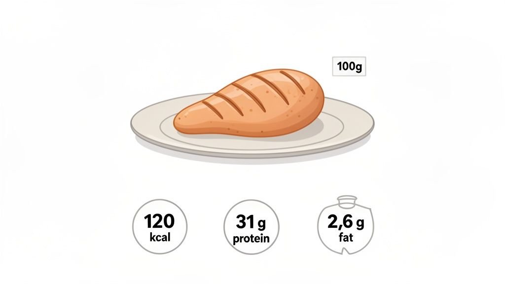 Grilled chicken breast on a white plate with its nutritional values: 100g, 120 kcal, 31g protein, 2.6g fat.