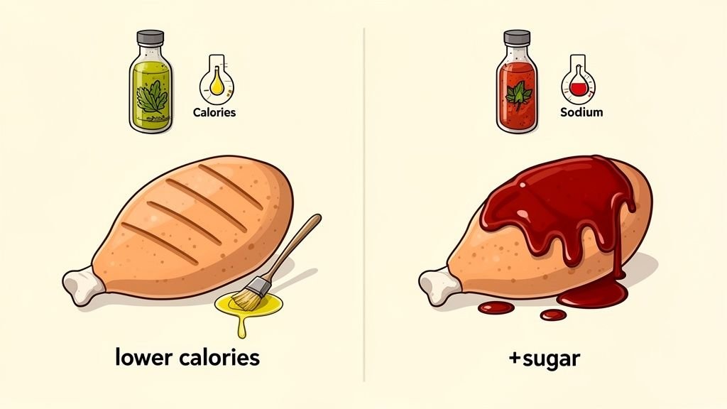 Comparison of grilled chicken with herb oil (lower calories) versus chicken with sugary sauce (added sodium).