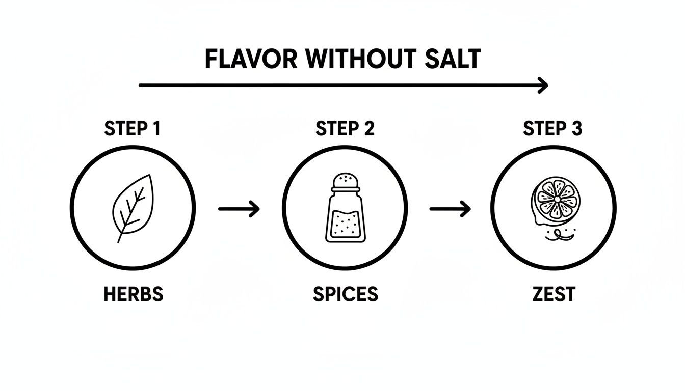 A three-step diagram illustrates how to add flavor without salt using herbs, spices, and zest.