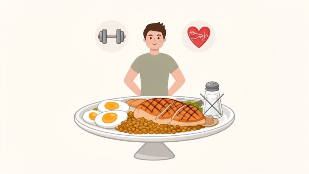 An illustration of a man with a high-protein, low-sodium meal, dumbbell, and heart health icon.
