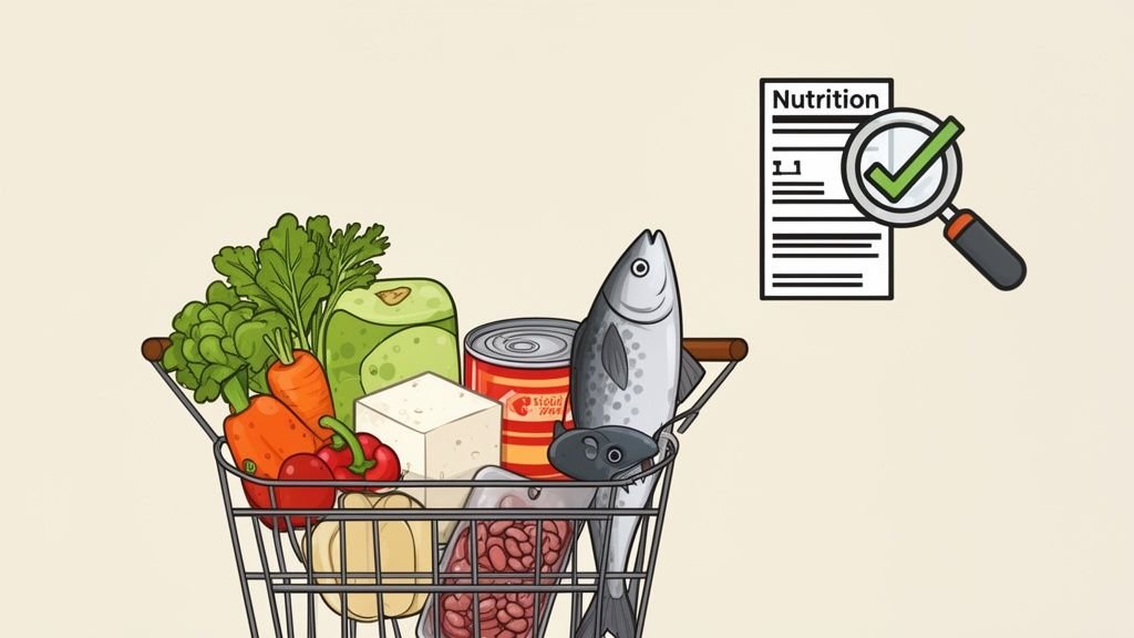 A grocery cart filled with healthy foods like fish, meat, tofu, and vegetables, with a nutrition label being checked.