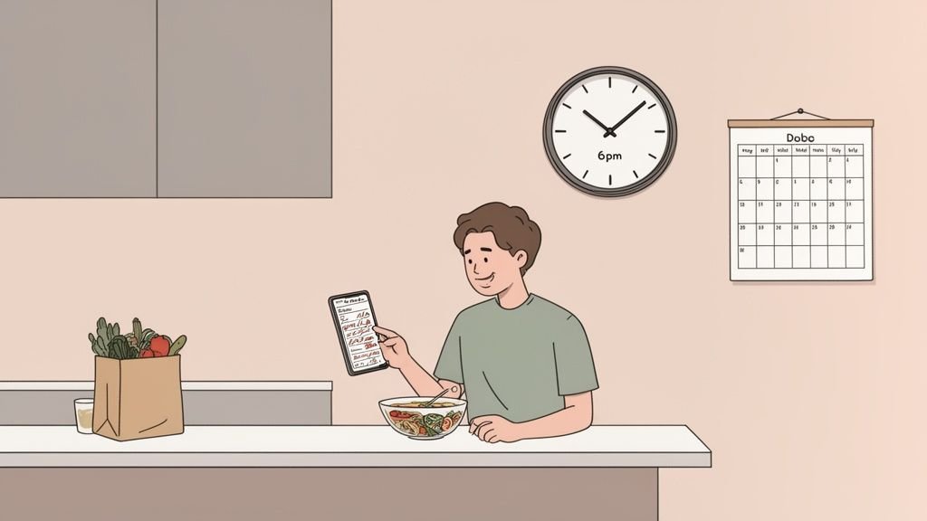 Smiling man eating a healthy bowl meal, checking a digital list on a tablet in a kitchen.