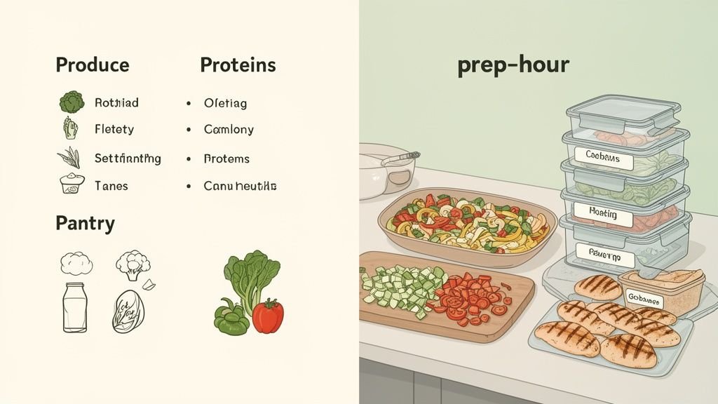 A meal prep scene with categorized ingredients, pre-chopped vegetables, and cooked food in containers.