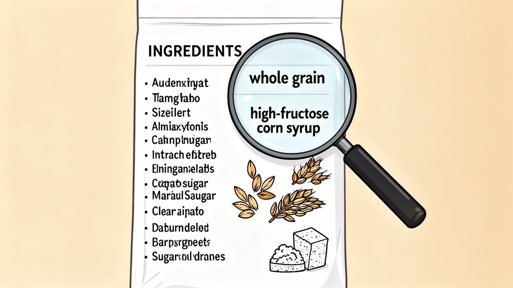 A magnifying glass highlights 'whole grain' and 'high-fructose corn syrup' on a food package ingredients list, alongside grains and sugar.