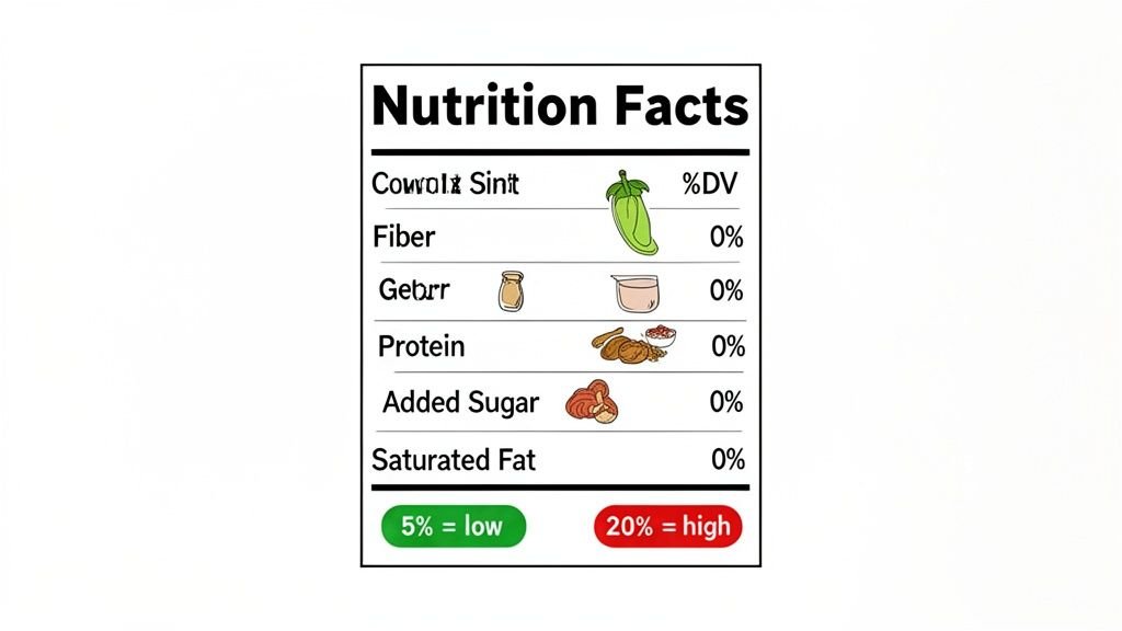 A nutrition facts label displaying various nutrient values like fiber, protein, and added sugar, all at 0% daily value.