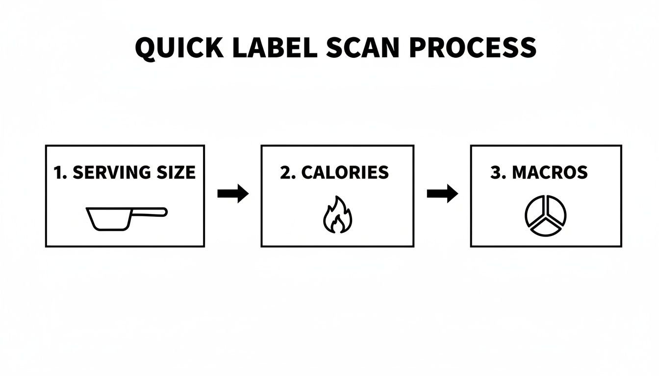Flowchart illustrating a quick label scan process for nutrition, covering serving size, calories, and macros.