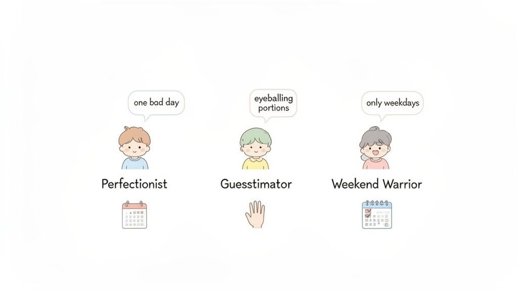 Three cartoon characters illustrating different diet types: Perfectionist, Guesstimator, and Weekend Warrior.