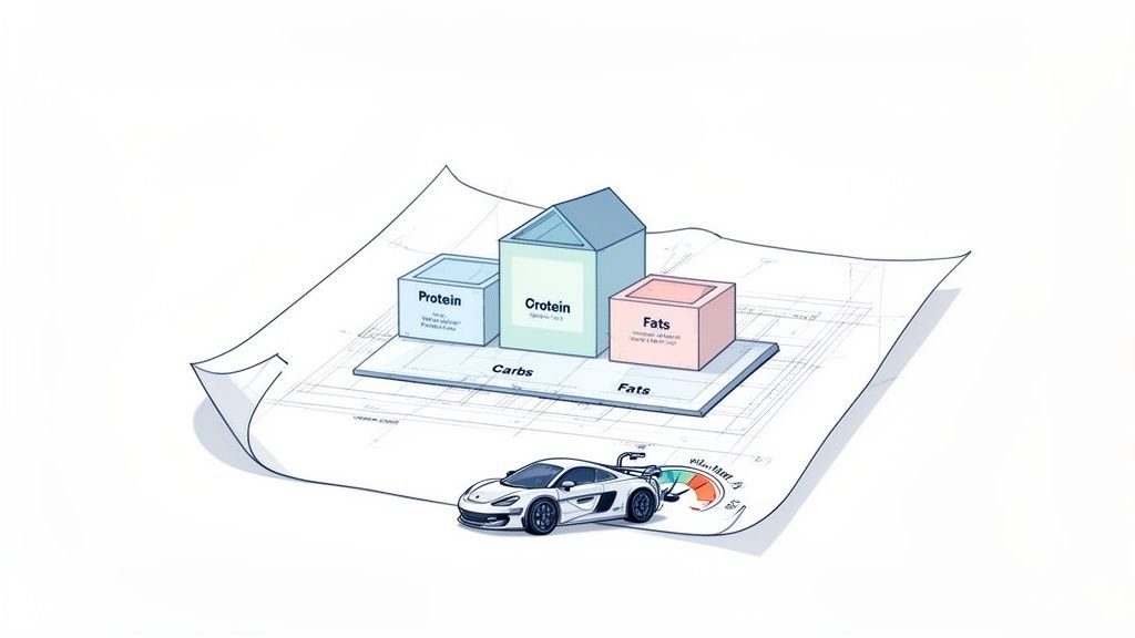 A blueprint illustrating macronutrient blocks for protein, carbs, and fats, alongside a sports car and performance gauge.