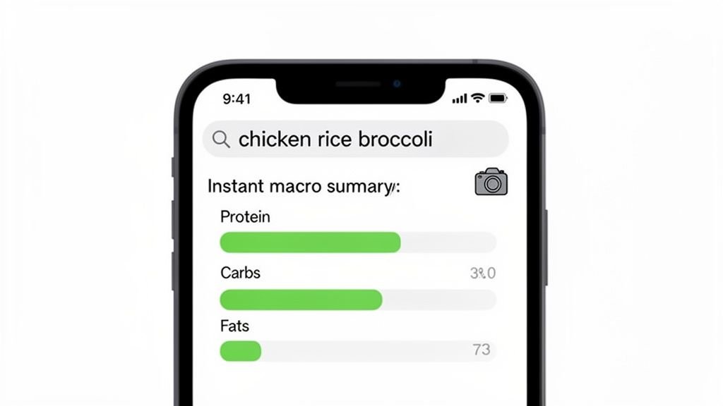 A smartphone app screen showing an instant macro summary for 'chicken rice broccoli' with progress bars.