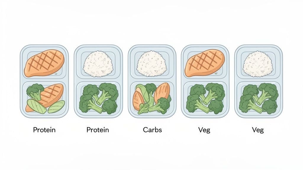 Five meal prep containers with grilled chicken, white rice, and broccoli for balanced nutrition.