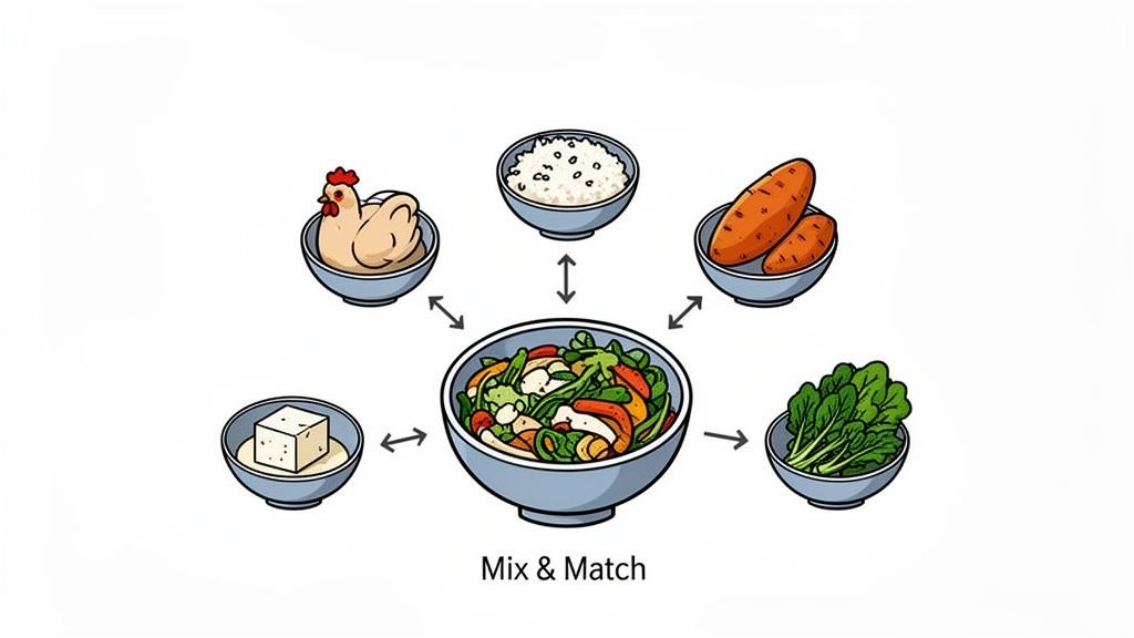 An illustration of meal prep ingredients like chicken, rice, carrots, tofu, and spinach, ready for mixing.