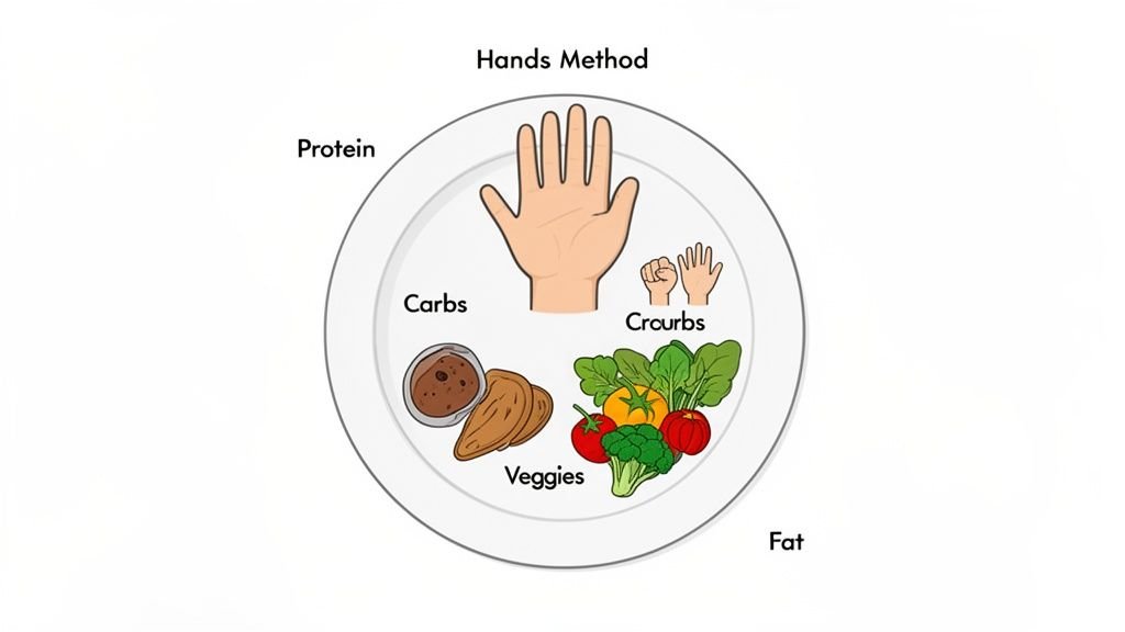 An illustration of the 'Hands Method' for portion control on a plate, showing protein, carbs, veggies, and fat.