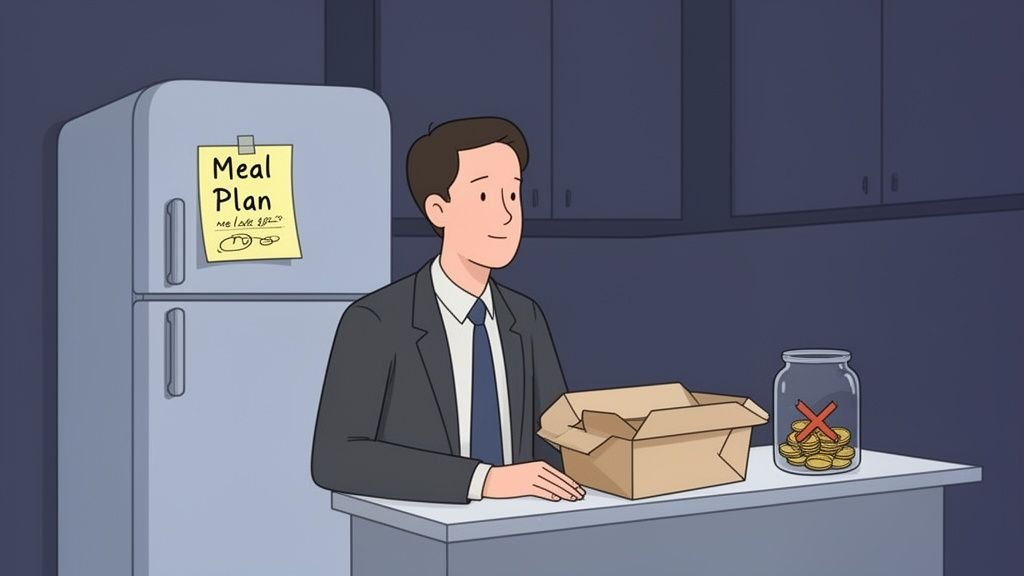 A man looks at an empty box and a jar of crossed-out coins, beside a meal plan note.