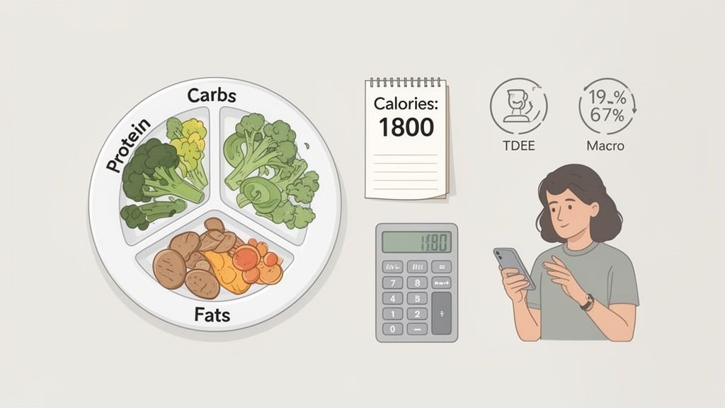 An illustration of meal planning with a divided food plate, calorie tracker, and a woman tracking intake on a phone.