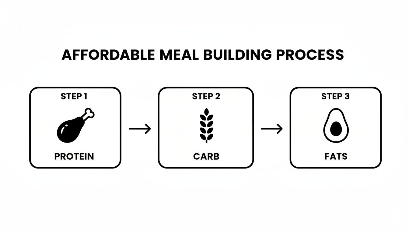 An infographic shows a three-step affordable meal building process: protein, carb, and fats.