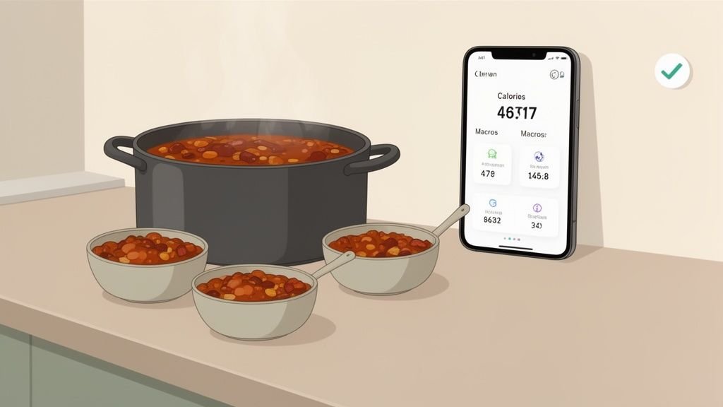 A large pot of chili and three portioned bowls of chili on a counter next to a smartphone displaying a calorie tracking app.
