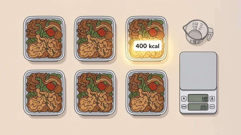 Six meal prep containers, one highlighted with '400 kcal', next to a measuring cup and kitchen scale.
