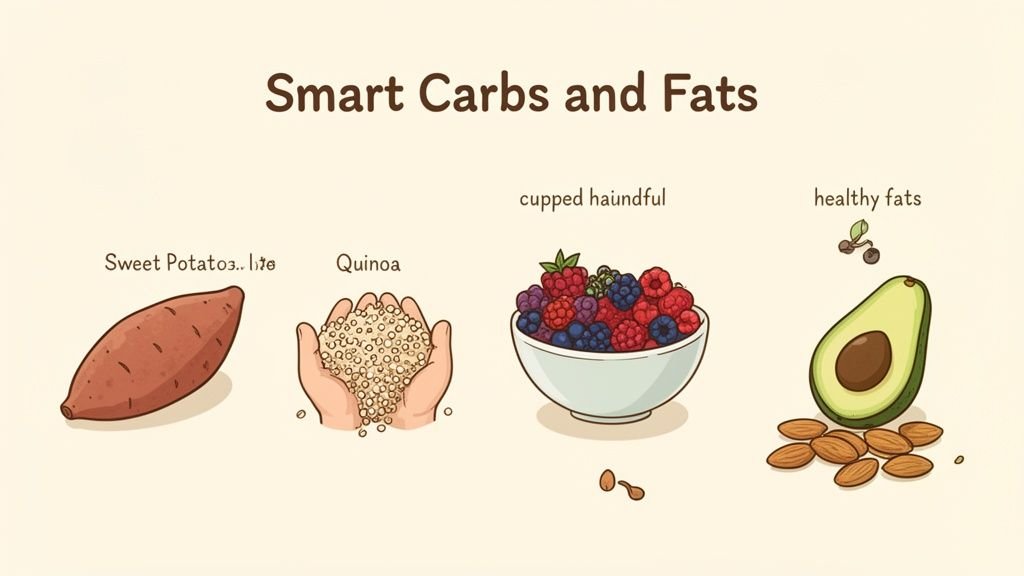 Illustrations of smart carbs like sweet potato, quinoa, berries, and healthy fats such as avocado and almonds.