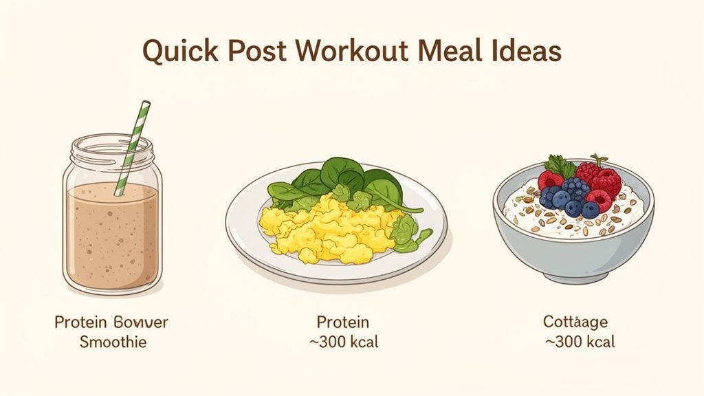 Quick post-workout meal ideas: a protein smoothie, scrambled eggs with spinach, and cottage cheese with berries.
