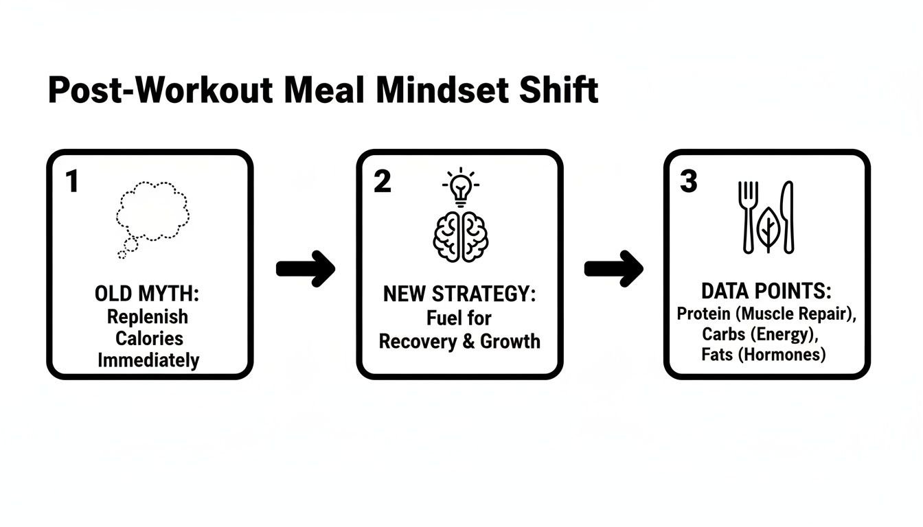 Diagram showing a post-workout meal mindset shift, from old myth to new strategy for recovery and growth.