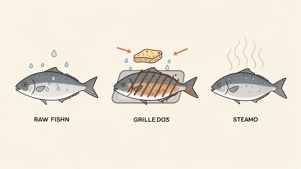 Three illustrated fish preparations: raw, grilled with basting, and steamed, demonstrating cooking methods.