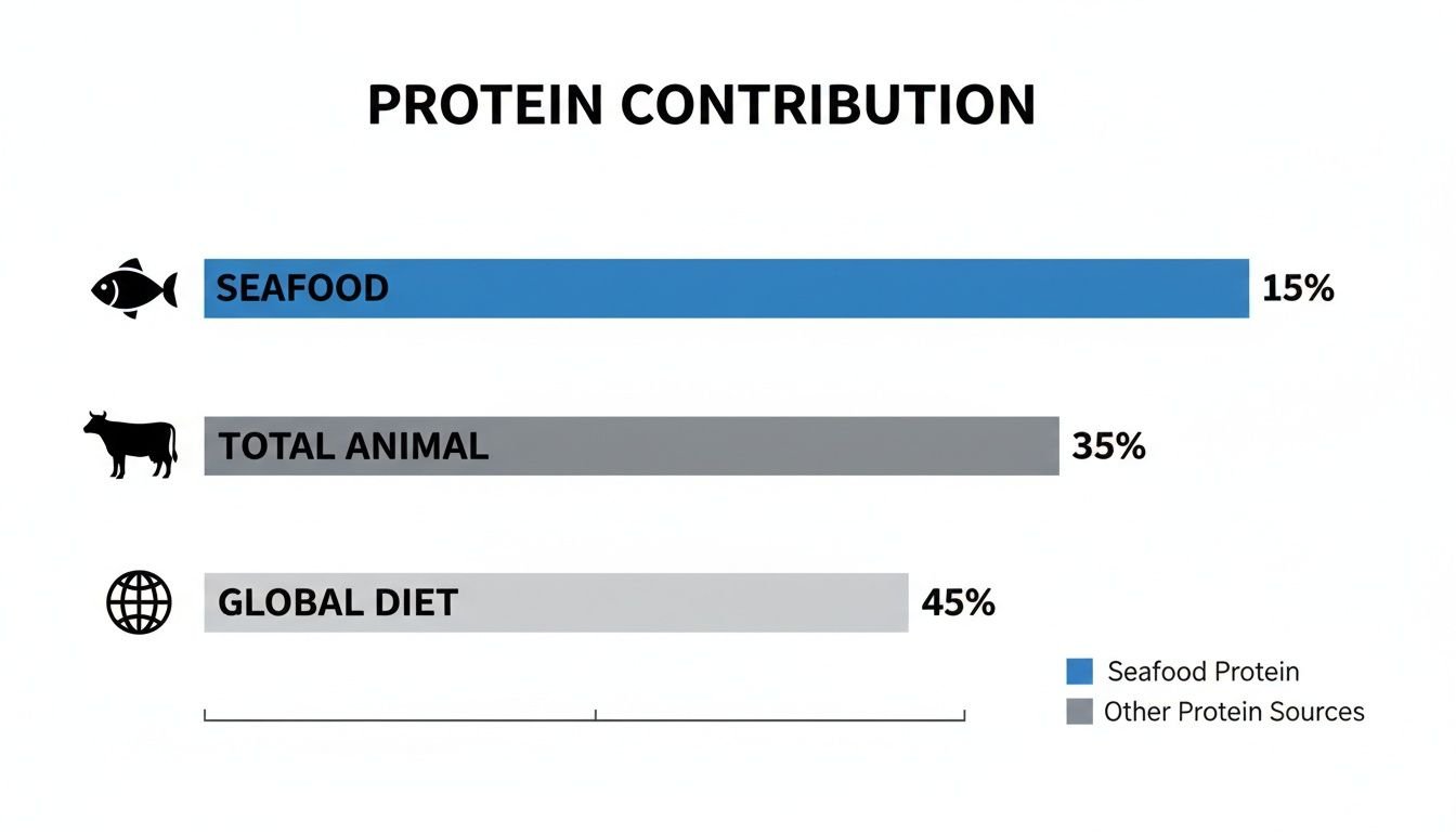 Bar chart illustrating protein contribution: seafood 15%, total animal 35%, and global diet 45%.
