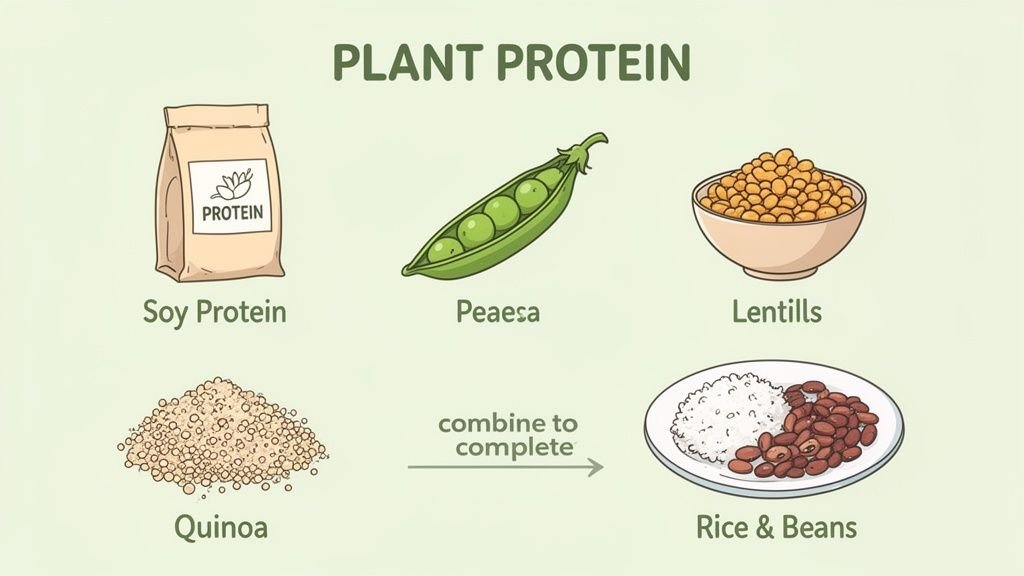 An illustration showing various plant protein sources like soy, peas, lentils, quinoa, and rice & beans.