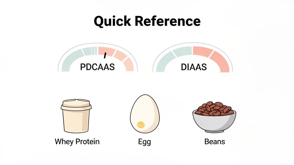 A quick reference chart comparing protein quality metrics PDCAAS and DIAAS for whey protein, egg, and beans.