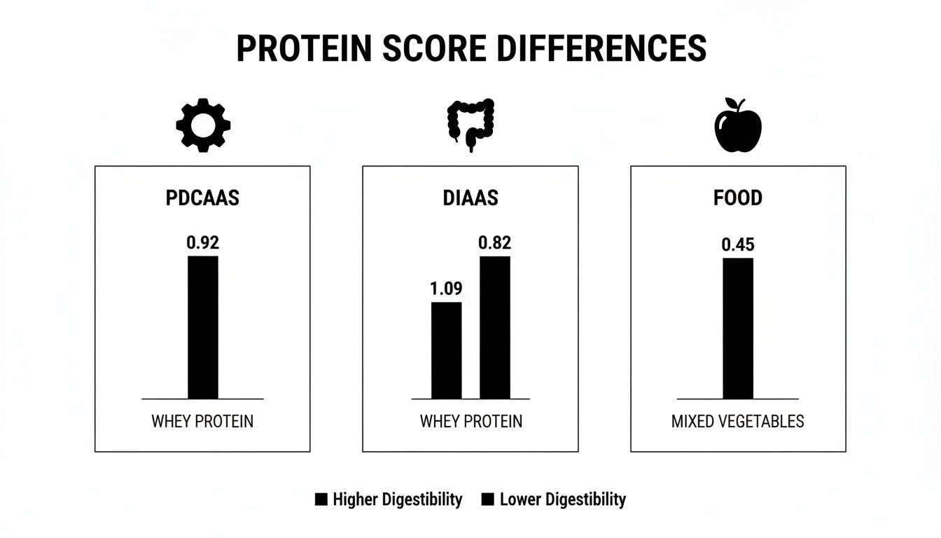 Bar chart illustrating protein score differences for whey protein and mixed vegetables across PDCASS, DIAAS, and Food metrics.