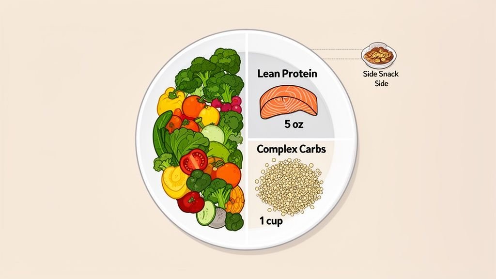 A plate illustrating healthy portion sizes with half vegetables, salmon (5 oz), quinoa (1 cup), and a side snack.