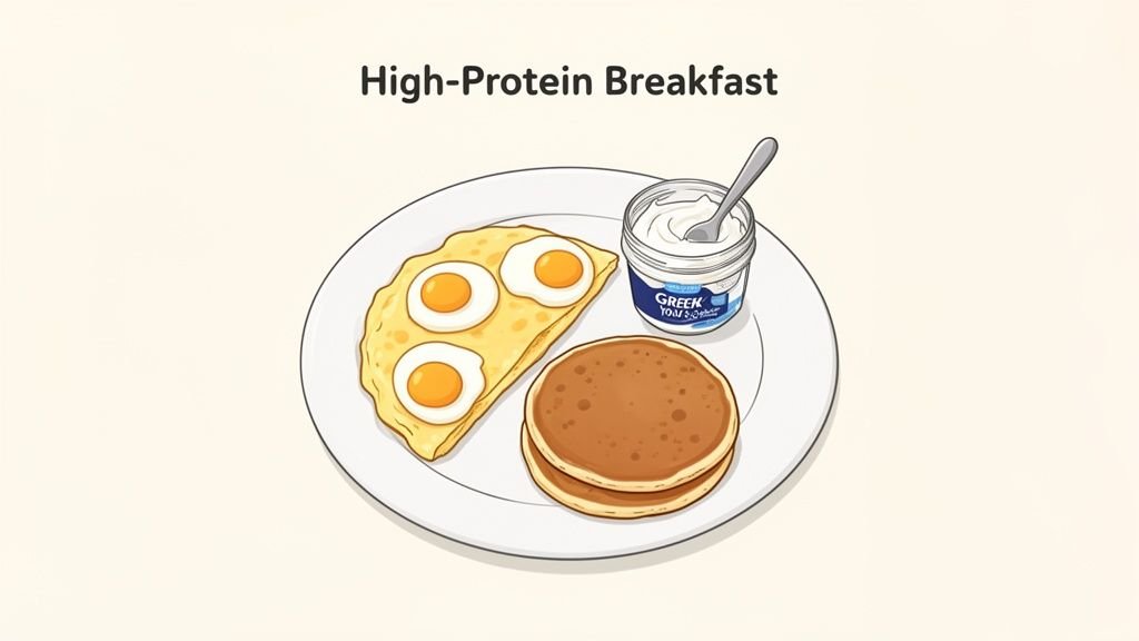 A plate with a high-protein breakfast featuring an omelet with eggs, pancakes, and Greek yogurt.